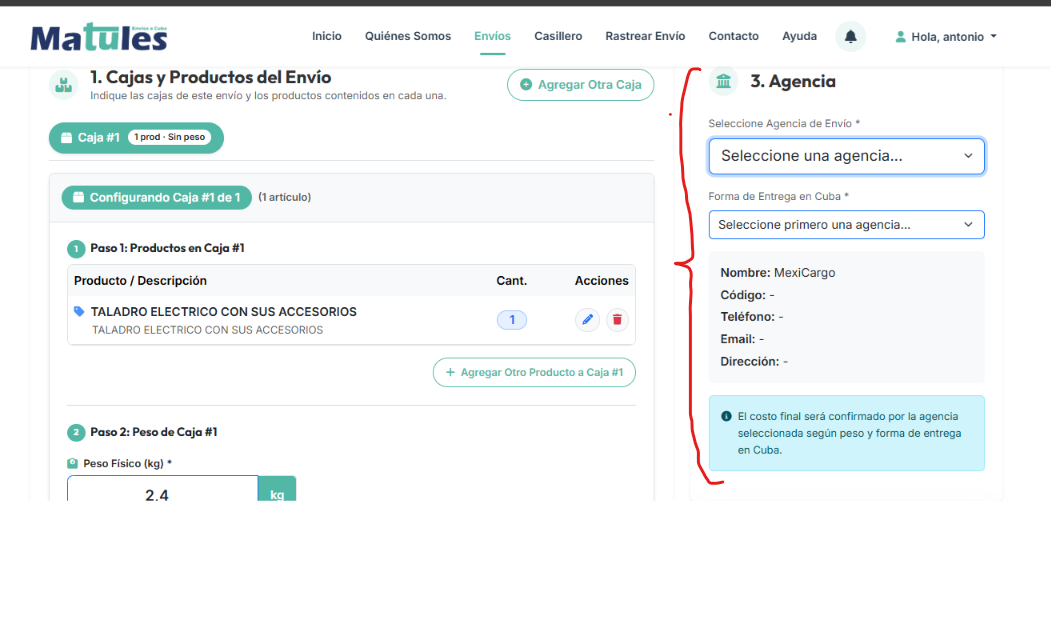 Captura - Selección de Agencia y Forma de Entrega