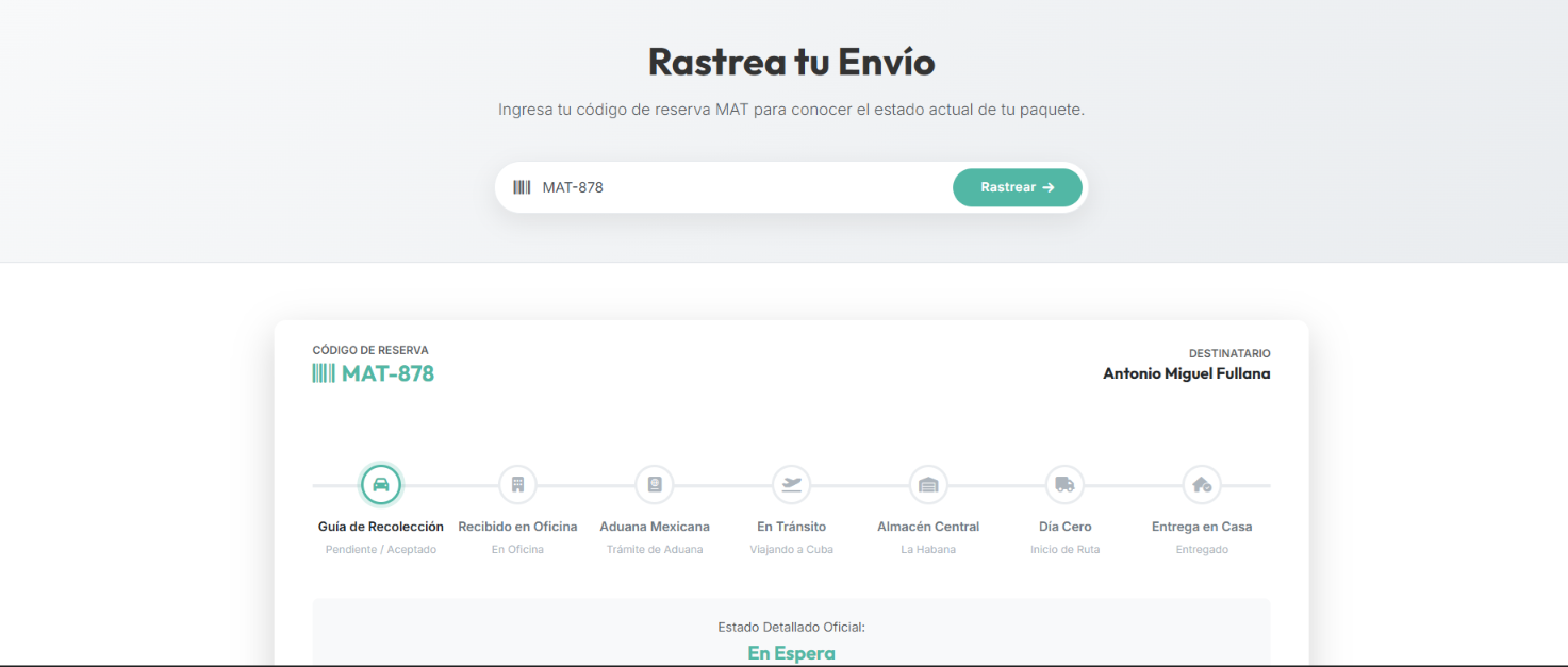 Captura Paso 2 - Formulario de Rastrear Envío y gráfica de estados