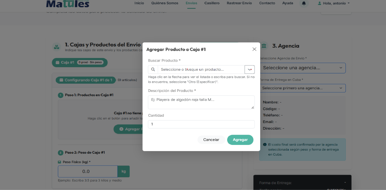 Captura - Formulario para agregar productos a la caja