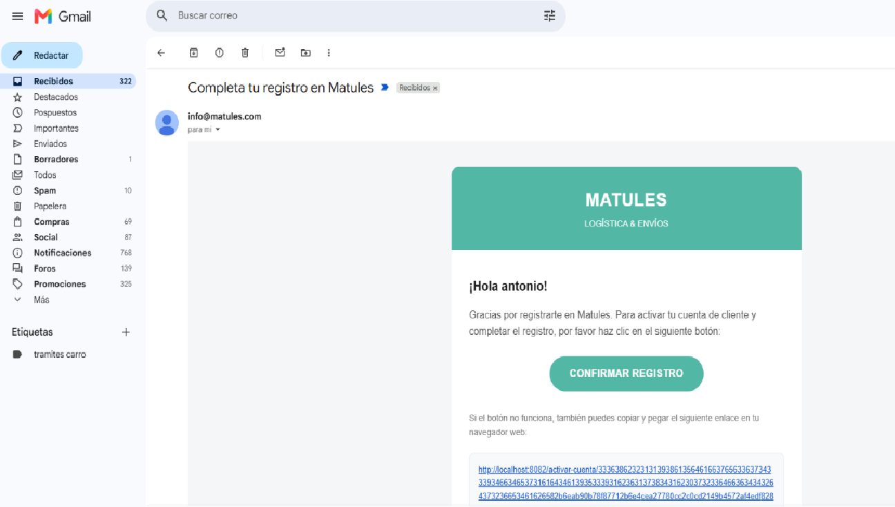 Captura Paso 5 - Ejemplo de Correo de Confirmación enviado por Matules