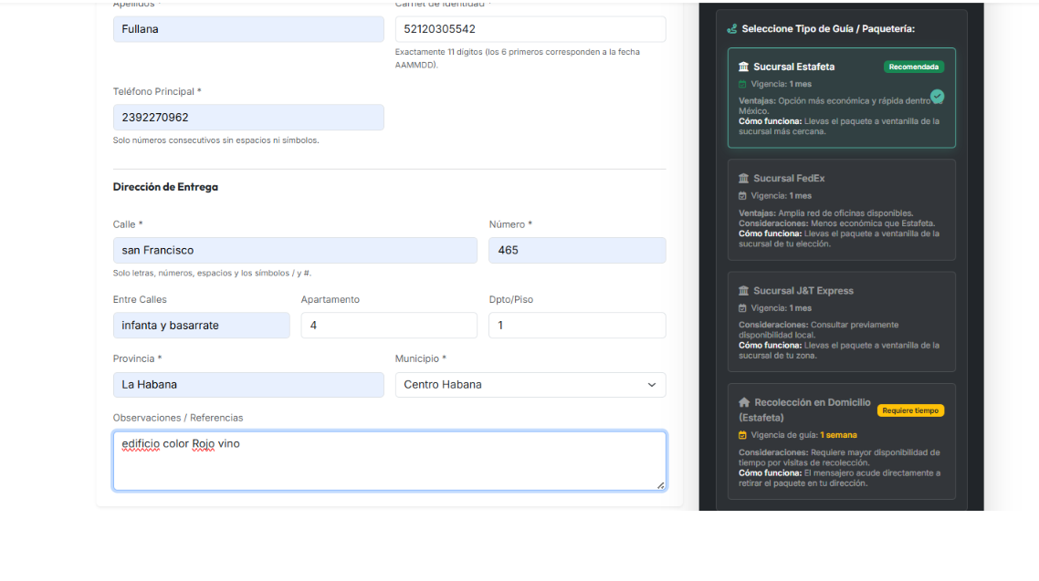 Captura - Opciones de guías de recolección